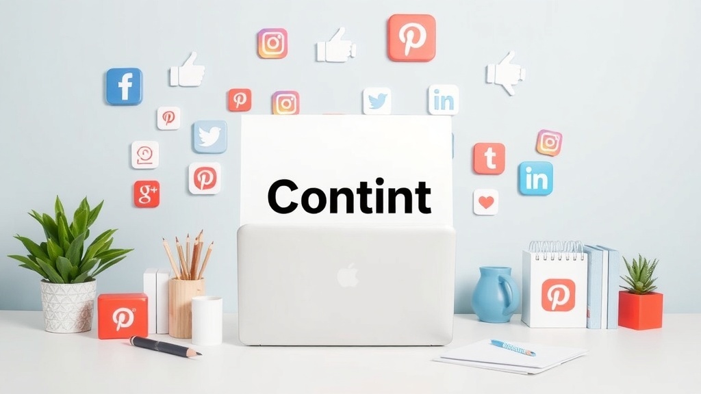 A workspace featuring a laptop with social media icons in the background.