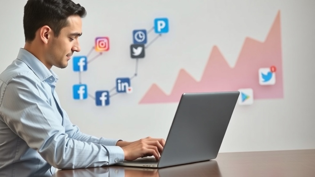 A person working on social media management on a laptop with social media icons and a growth graph in the background.
