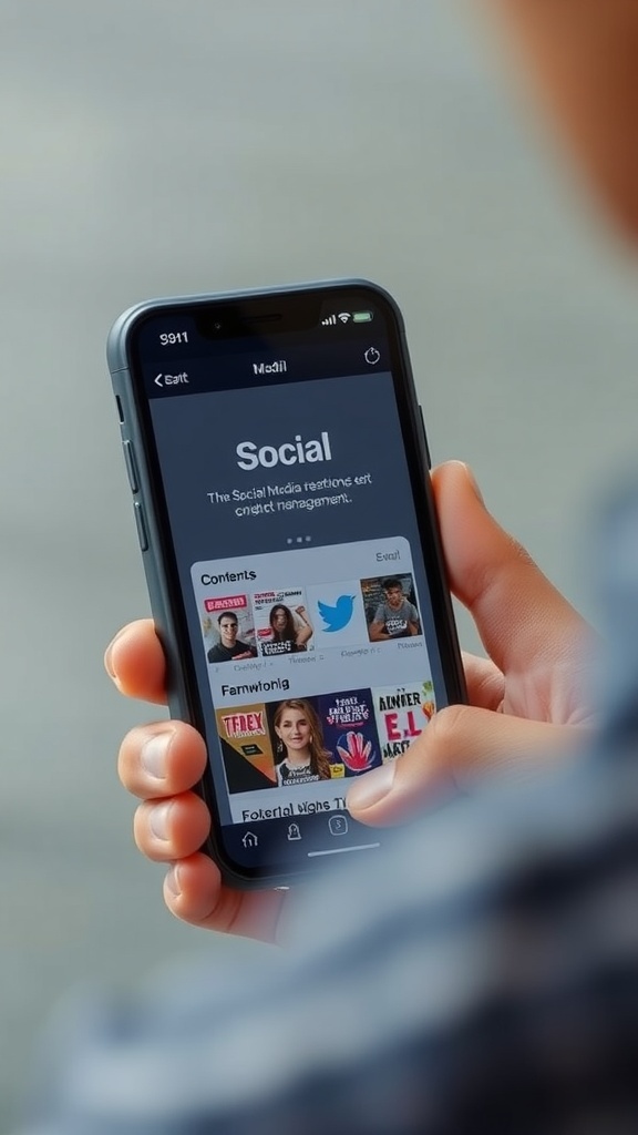 A person holding a smartphone displaying a social media management app.