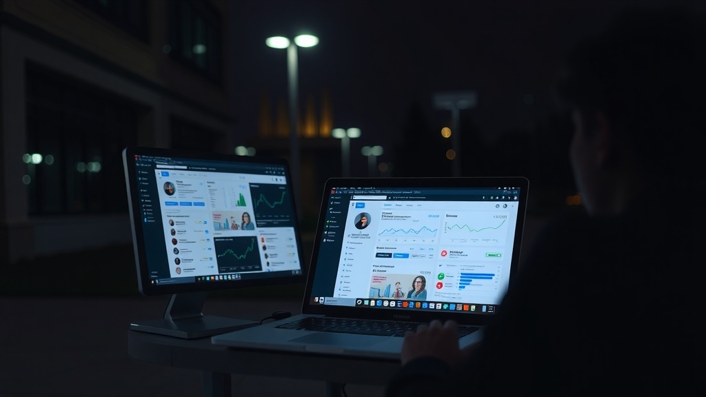 A person working on social media management at night with two screens showing analytics and social media posts.
