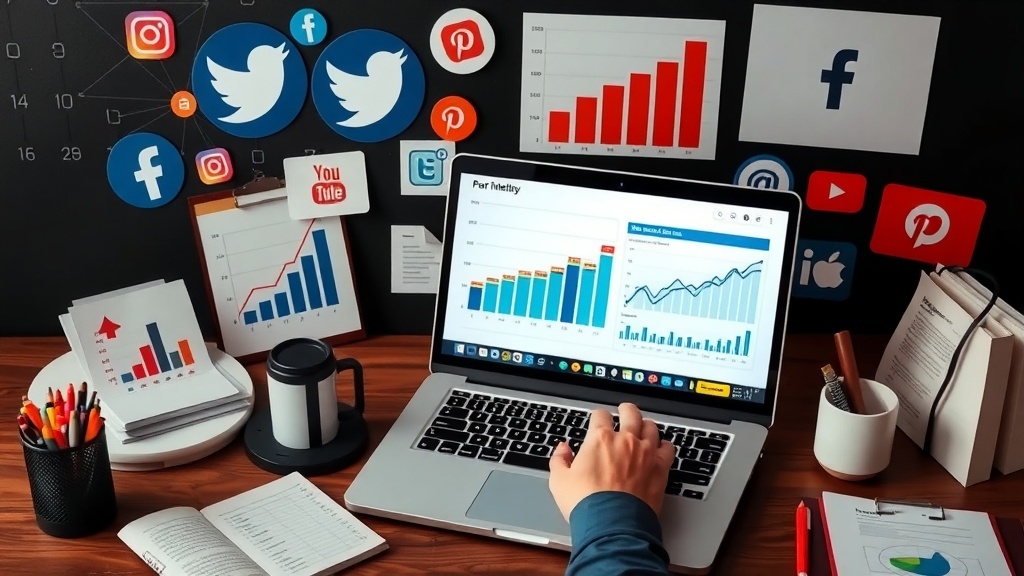 A workspace featuring social media icons and analytics graphs, with a person working on a laptop.