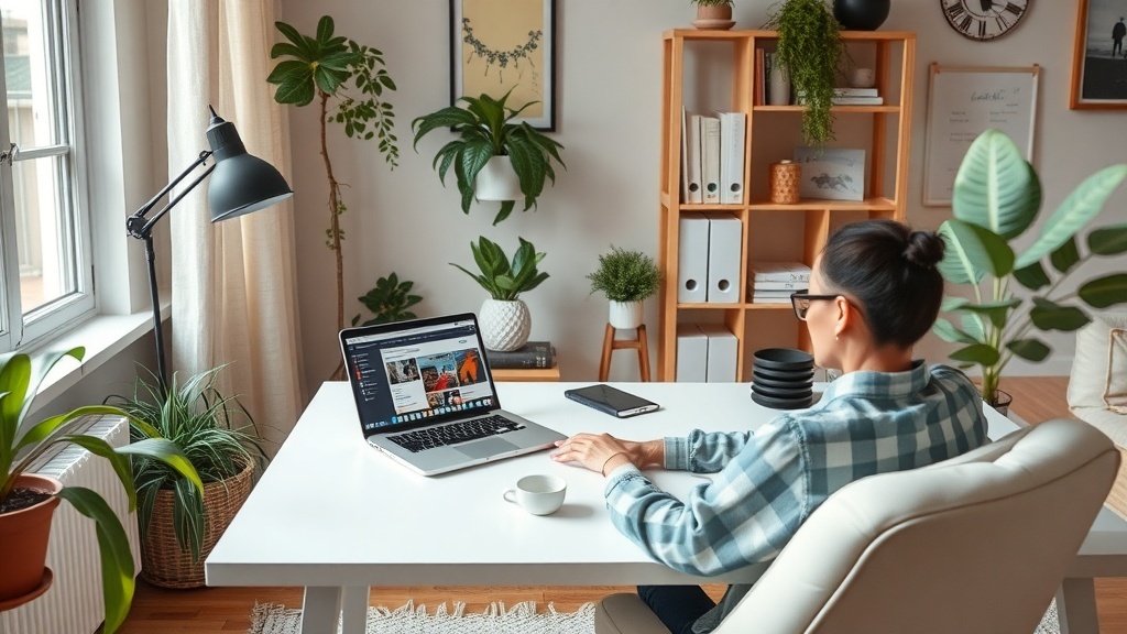 A cozy home office with a person working on a laptop, surrounded by plants.