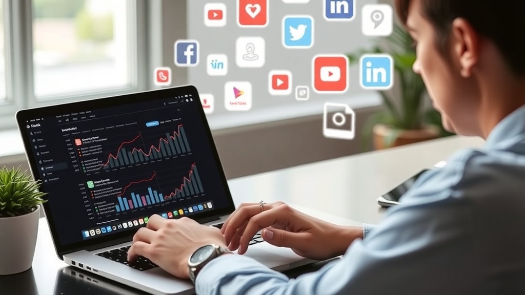 A person managing social media on a laptop with various social media icons displayed.