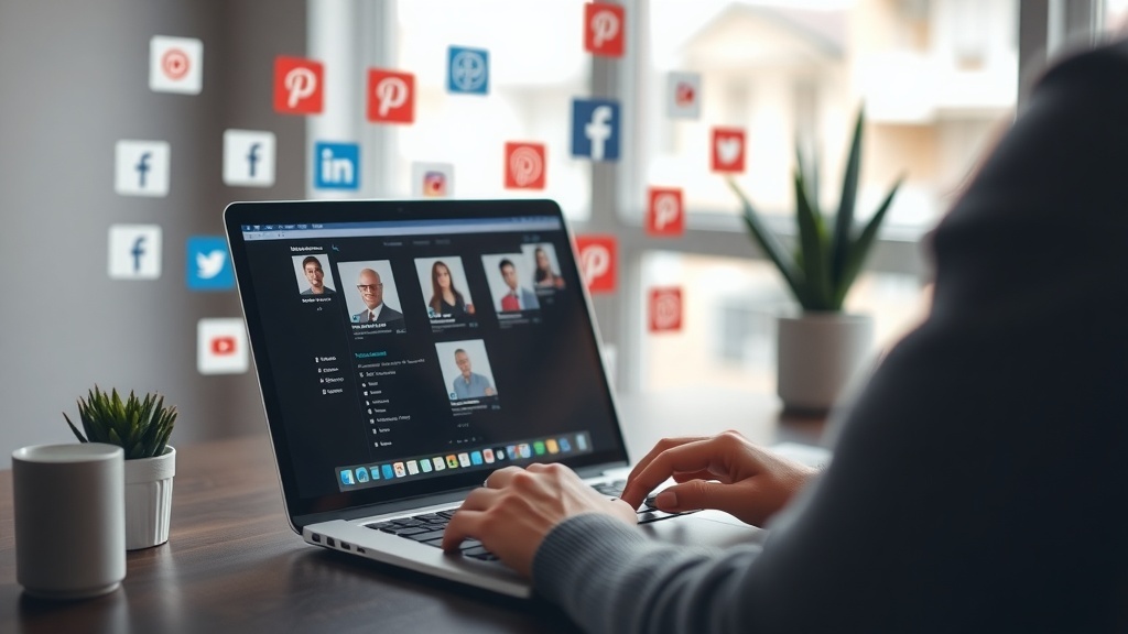 A person working on a laptop with social media icons in the background, representing social media management.