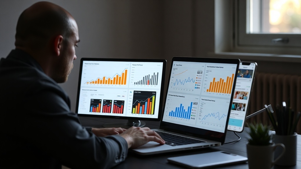 A person working on social media management with multiple screens displaying analytics and graphs.