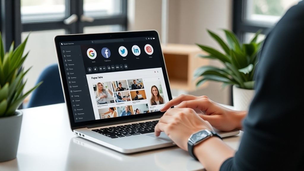 A person working on a laptop managing social media accounts.