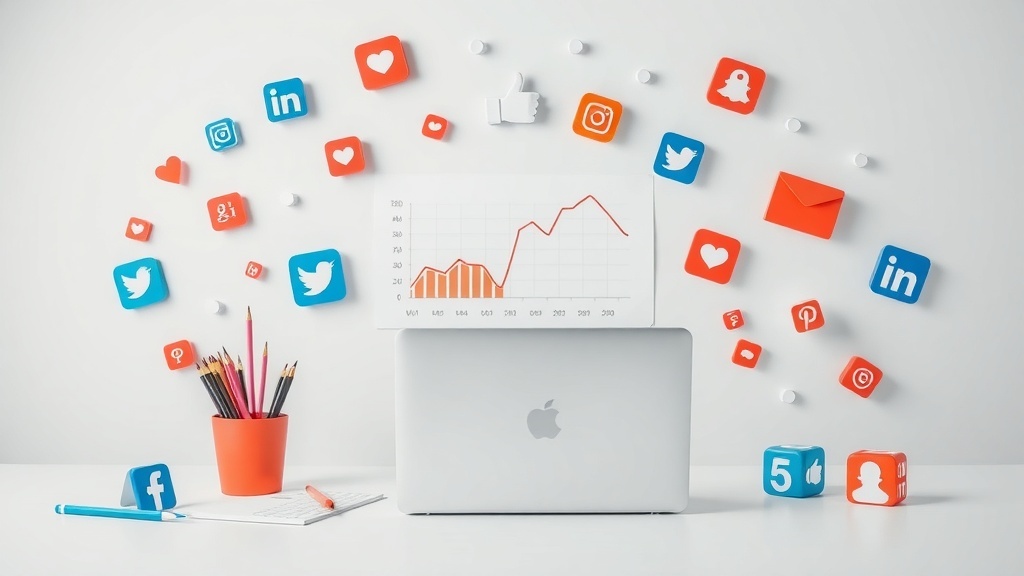 A workspace with a laptop, social media icons, and a graph showing analytics.