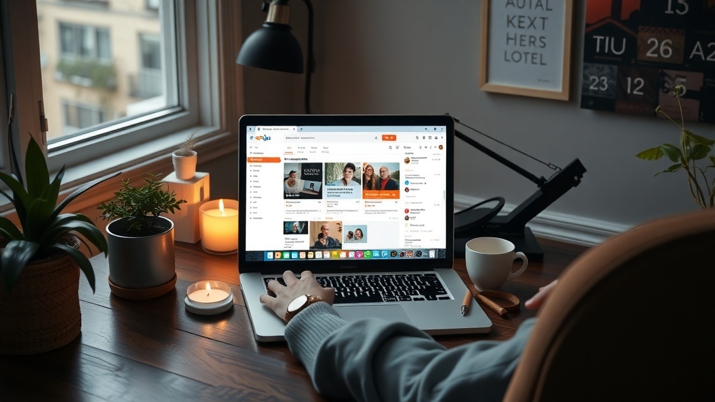 A cozy workspace with a laptop showing a social media dashboard, a candle, and a cup of coffee.
