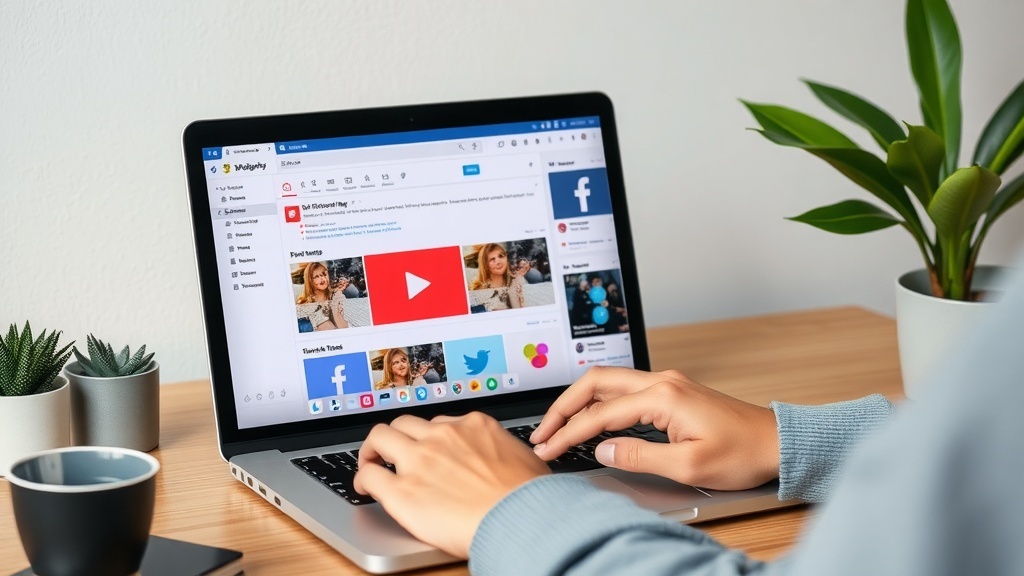 A person typing on a laptop with social media platforms open, surrounded by plants and a coffee cup.