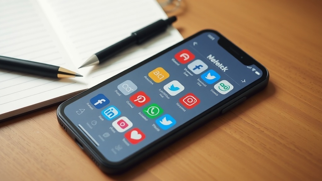 A smartphone displaying various social media apps on a wooden desk with a notebook and pens.