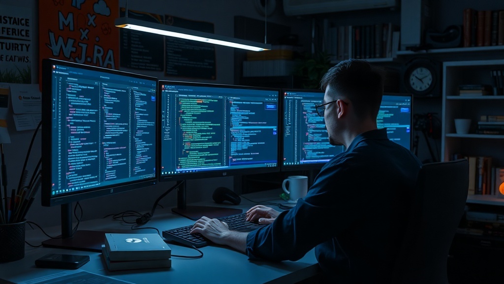 A developer working on multiple screens, showcasing software development.