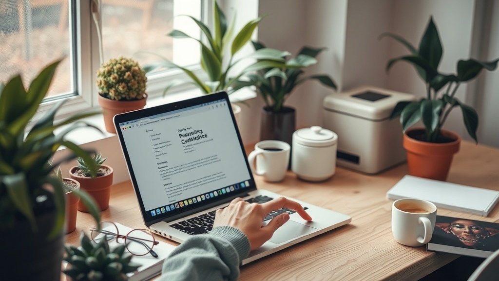A cozy workspace with a laptop, coffee, and plants, perfect for blogging.