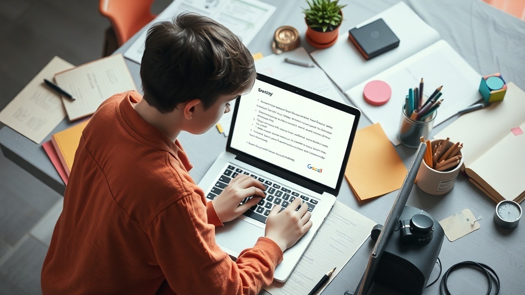 A teenager working on a laptop surrounded by notes and creative tools.