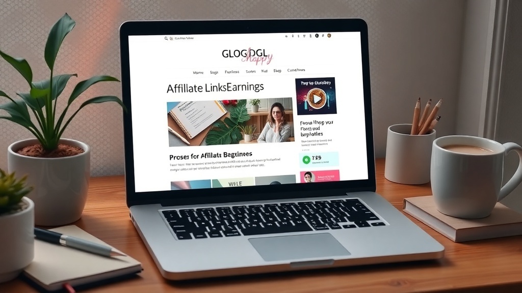 A laptop displaying a blog about affiliate marketing, with plants and a coffee cup on the desk.