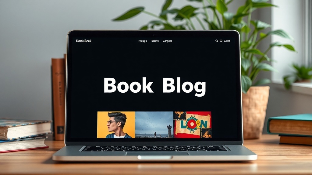 A laptop displaying a book blog layout with a modern design, surrounded by books and plants.