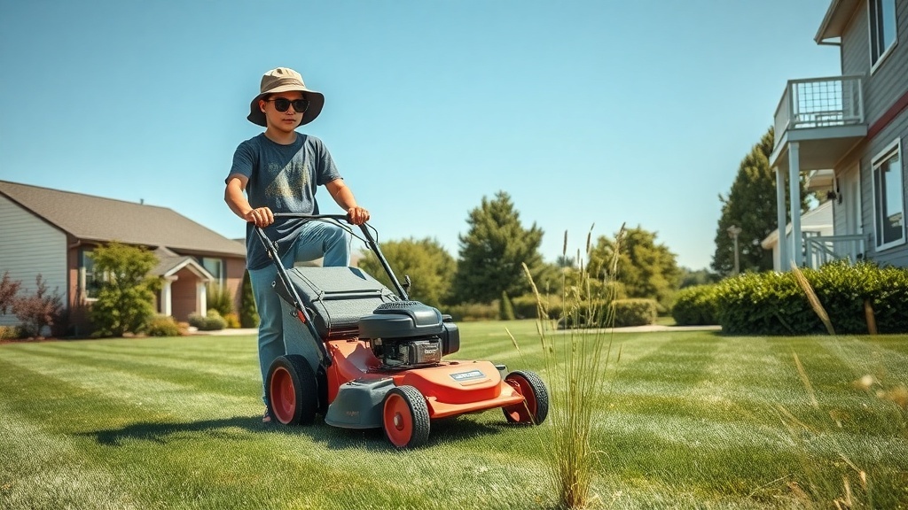 A young person mowing a lawn on a sunny day.