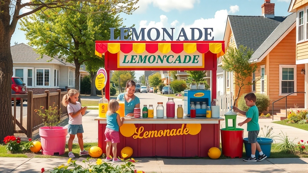 A colorful lemonade stand with children serving lemonade on a sunny day.