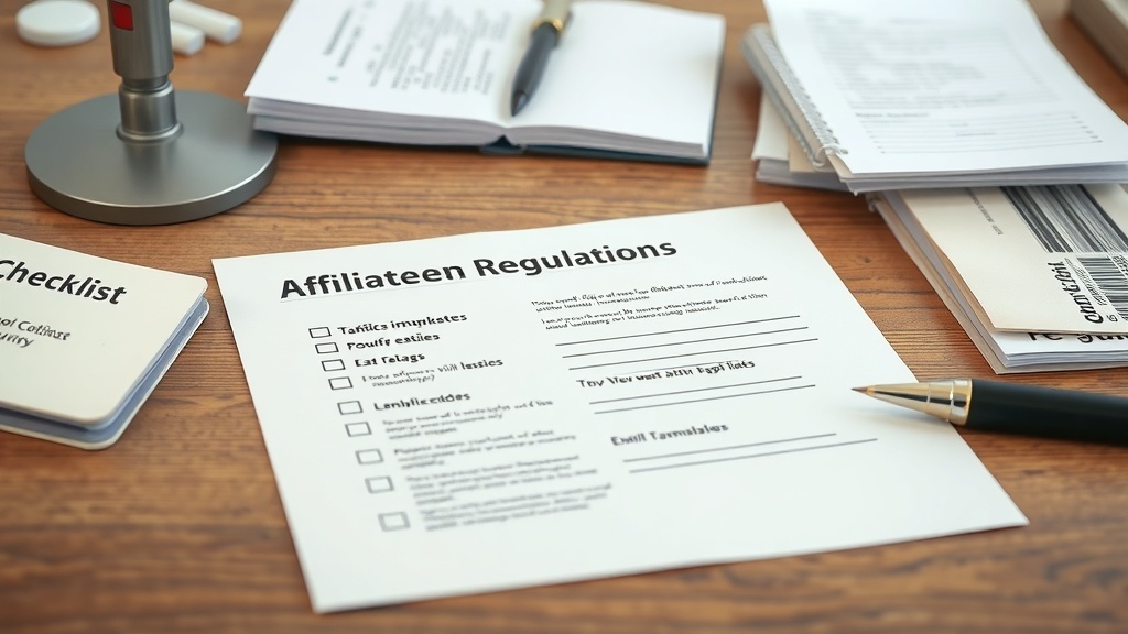 A desk with documents titled 'Affiliate Regulations', a checklist, and a pen, emphasizing the importance of compliance in affiliate marketing.