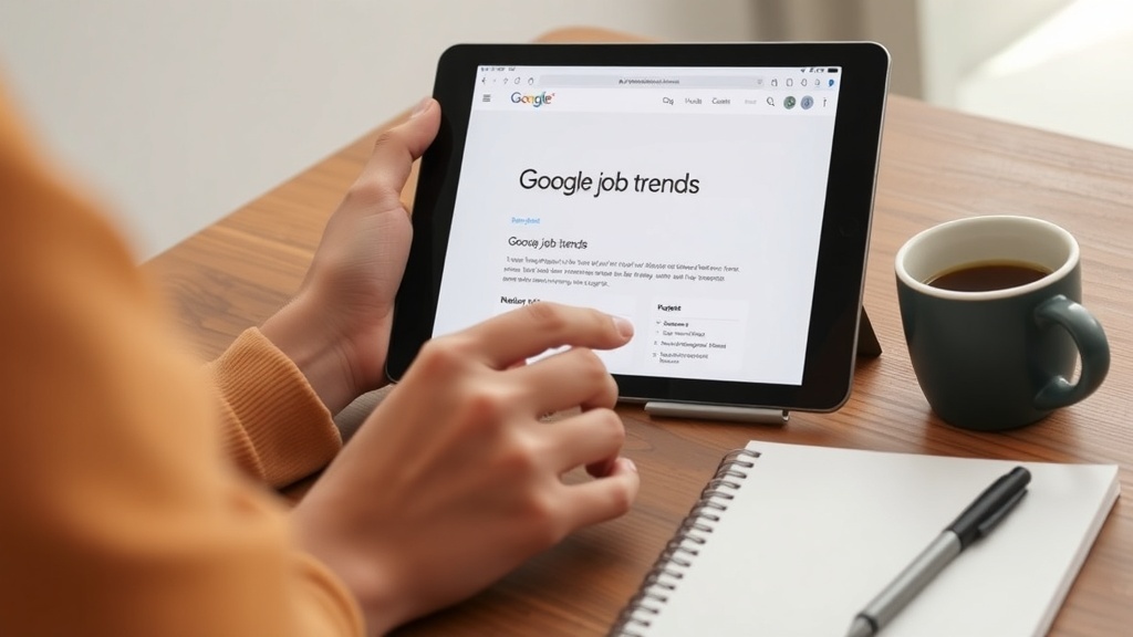 A person using a tablet to view Google job trends, with a cup of coffee and a notebook nearby.