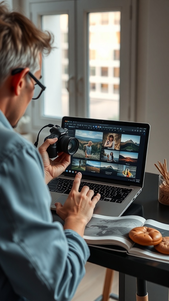 A person reviewing stock photography on a laptop with a camera in hand.