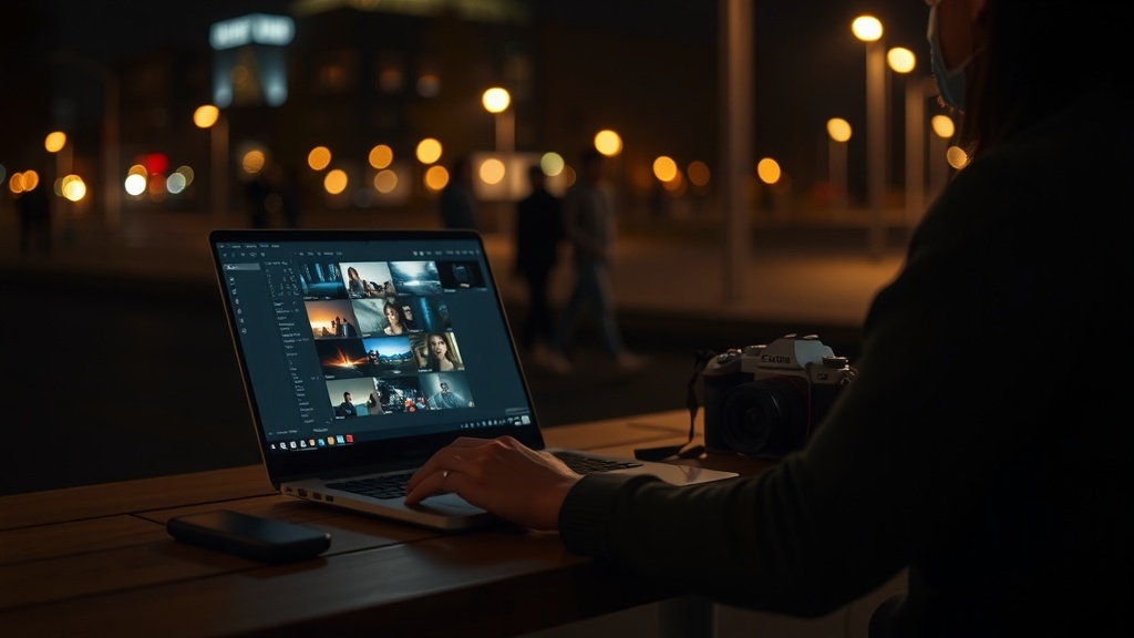 A person editing photos on a laptop outdoors at night, with a camera beside them and warm lights in the background.