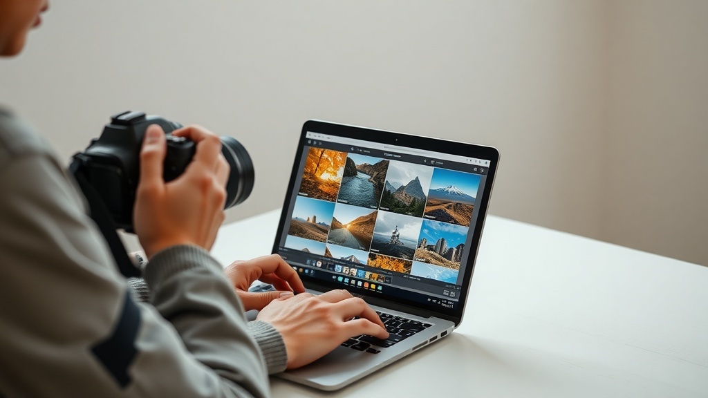 A person editing photos on a laptop with a camera in hand.