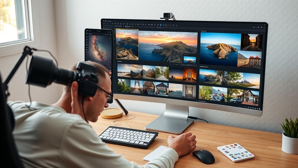 A person reviewing stock photographs on a computer, showcasing a collection of images.