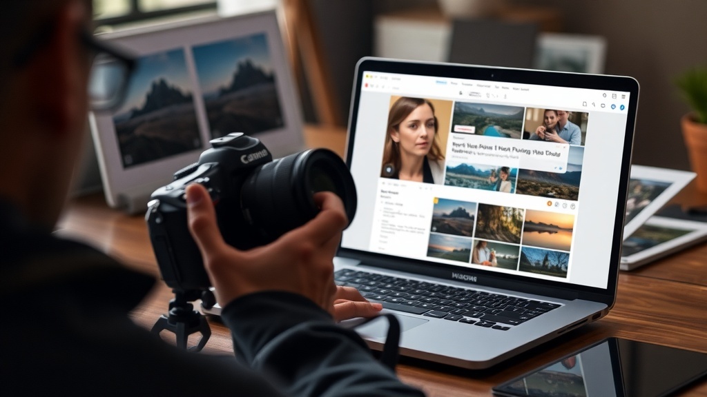 A person holding a camera while working on a laptop with stock photography images displayed.