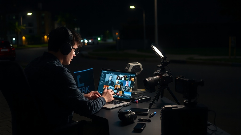 A person working late at night on a laptop with headphones, surrounded by photography equipment.