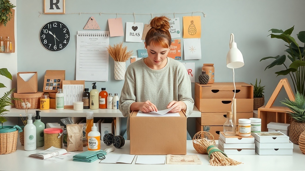 A person curating a subscription box, surrounded by various products and stationery.