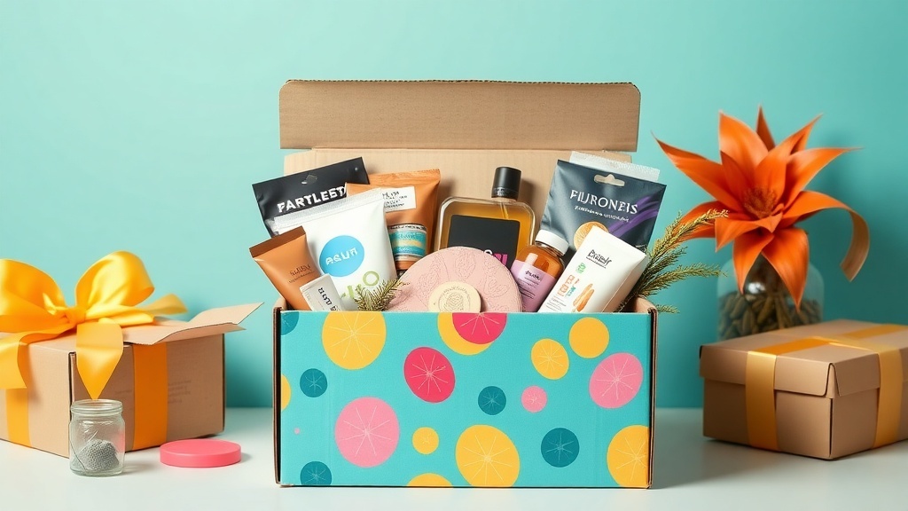 A colorful subscription box filled with various beauty and personal care products, alongside a gift-wrapped box and a flower.