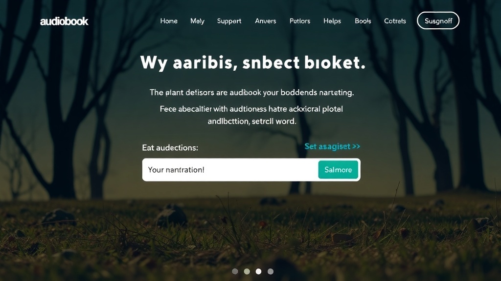 Screenshot of an audiobook narration website with a nature background.