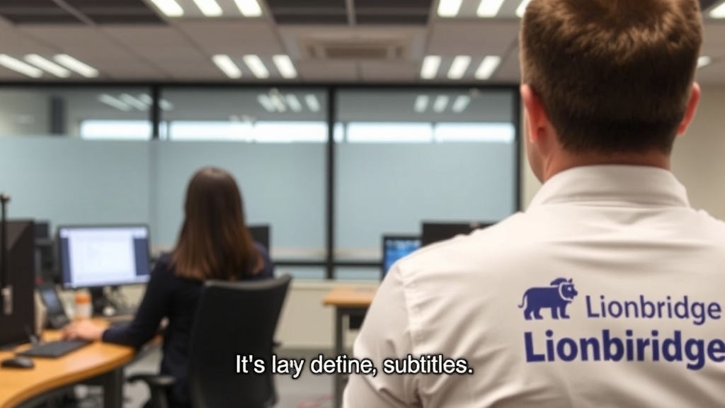 A professional setting at Lionbridge with team members focused on their work, featuring a person in a Lionbridge shirt.