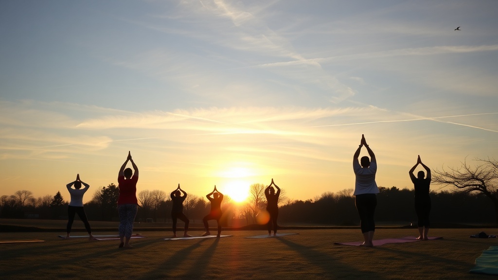 A group of people practicing yoga at sunrise, silhouetted against the sun.