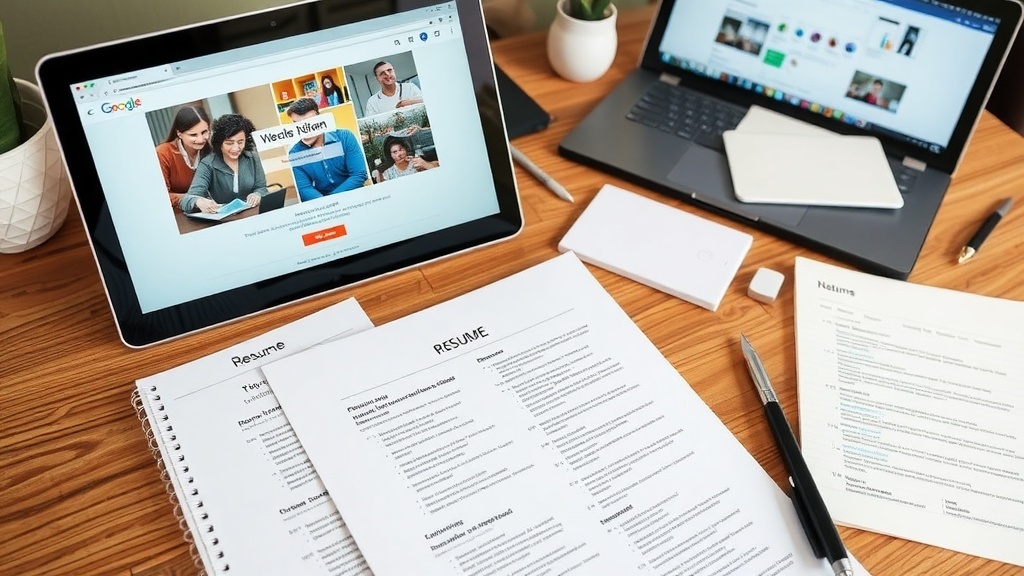 A workspace with resumes, a tablet displaying Google, and laptops, indicating job application preparation.