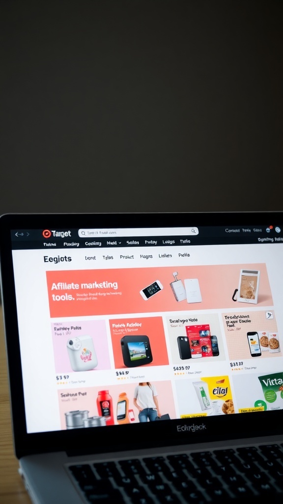 A laptop displaying the Target website with affiliate marketing tools and products.
