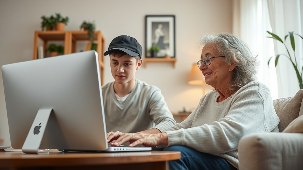 A teenager helping a senior woman with a computer in a cozy living room.