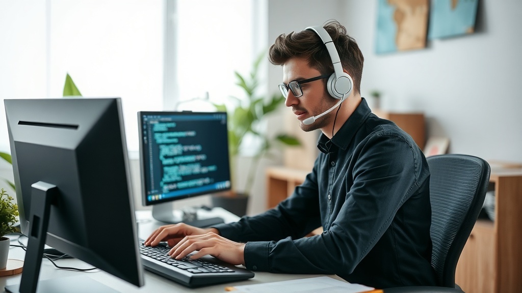 A Technical Support Specialist working remotely at a desk with two computer screens, wearing a headset.