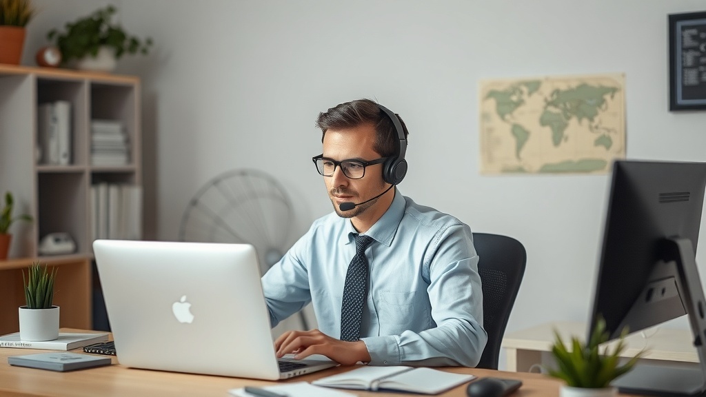 A focused man in a blue shirt and glasses, wearing a headset while working on a laptop at home.