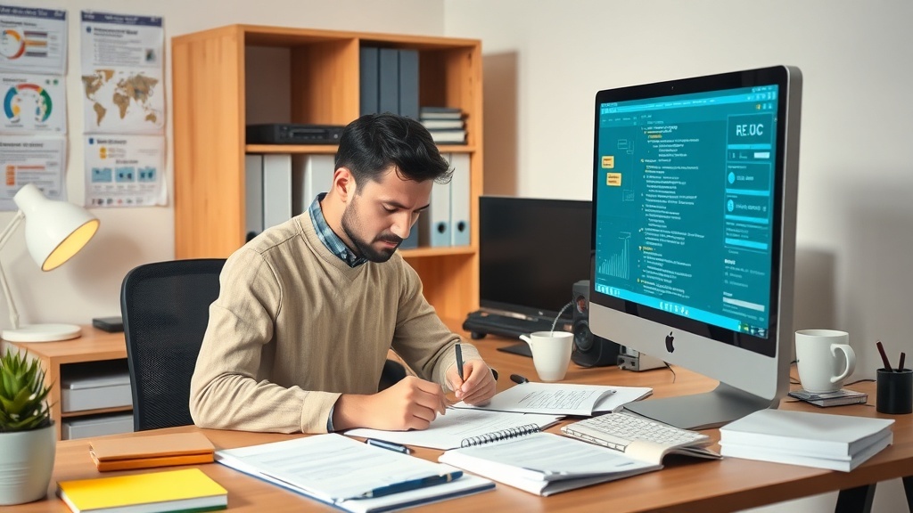 A focused individual working as a technical writer at a desk with notes and a computer.