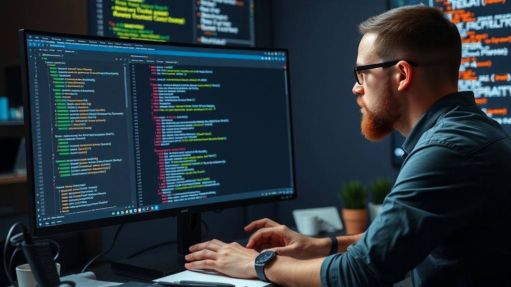 A person focused on writing code at a computer, representing technical writing for software companies.