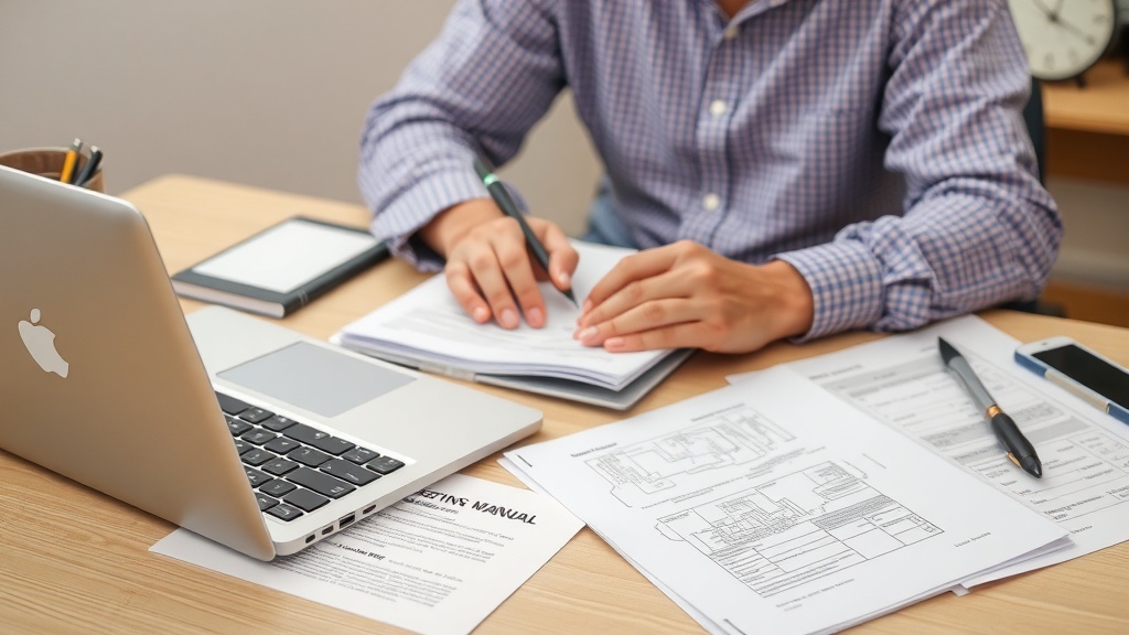 A person working on technical writing tasks with a laptop, notes, and printed documents on a desk.