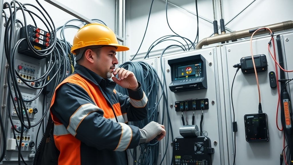 A technician in a hard hat and safety gear working on telecommunications equipment.