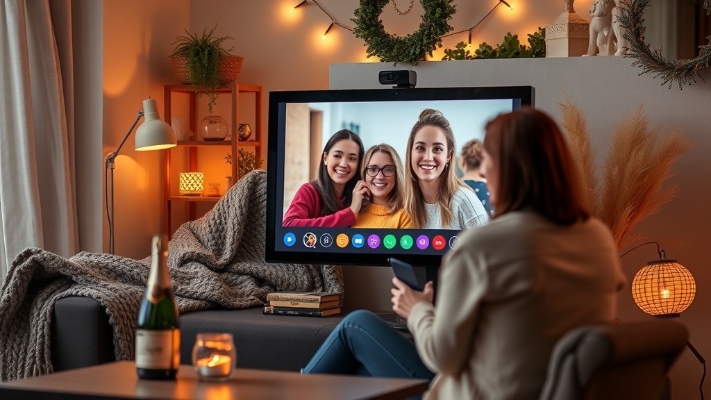 A person engaging in a video call with friends on a large screen in a cozy living room setting.