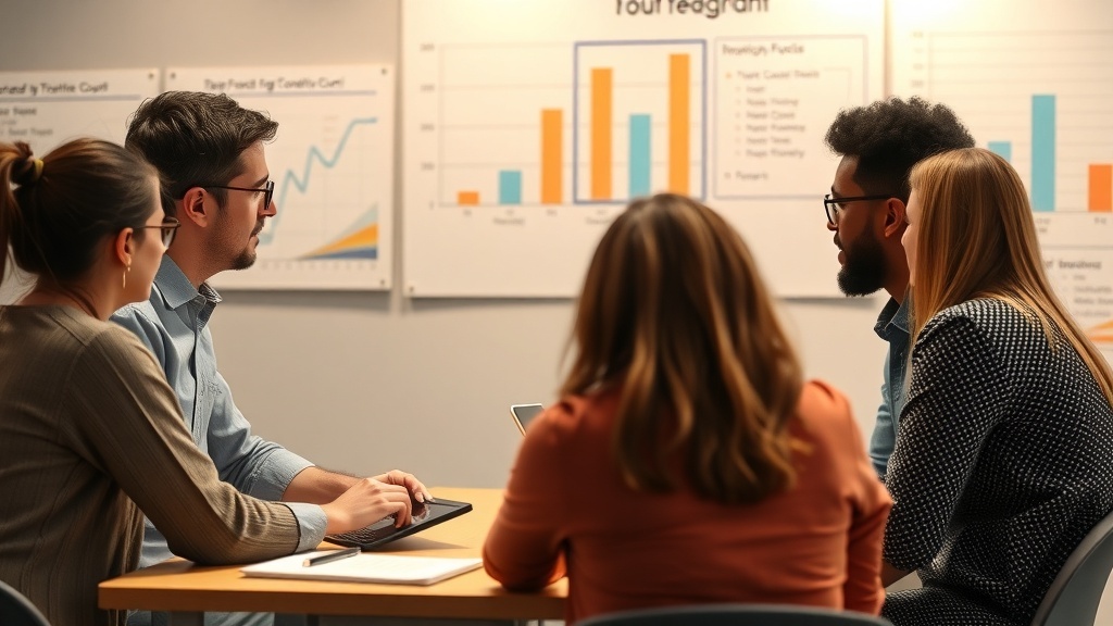 A group of people in a focus group discussing product feedback with charts in the background.