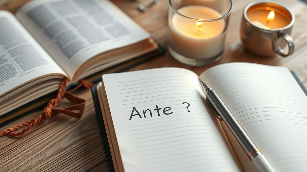 A cozy writing setup with an open notebook, pen, and candles.