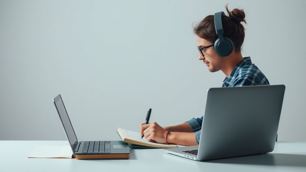A person wearing headphones, focused on transcribing an audiobook while taking notes on a notepad.