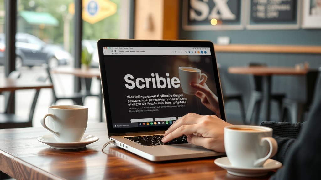 A person typing on a laptop with Scribie website open, coffee cups on the table in a café setting.