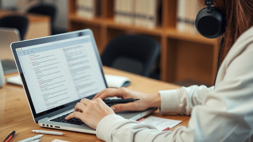 A person typing on a laptop with headphones, focused on transcription work.