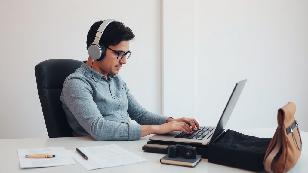 A focused individual wearing headphones, working on a laptop at a desk with papers and a camera.